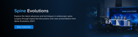 Banner for a medical education course ("Spine Evolutions") showing an image of five healthcare professionals speaking in a panel presentation.