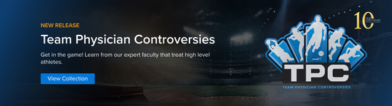 Photograph of a logo for an orthopedic course (Team Physician Controversies) that features silhouettes of people playing different sports.