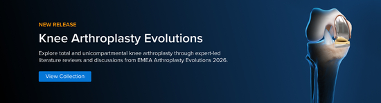 Banner for a medical education course ("Knee Arthroplasty Evolutions") showing an animated image of a knee with a medical device inserted for a knee arthroplasty procedure.