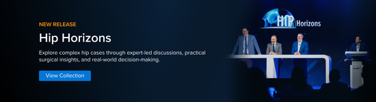 Banner for a medical education course ("Hip Horizons") showing an image of three healthcare professionals speaking in a panel presentation.