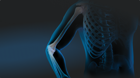 Illustration of the upper torso of a human male, somewhat transparent and with a blue aura. The bony anatomy of the elbow is in focus.