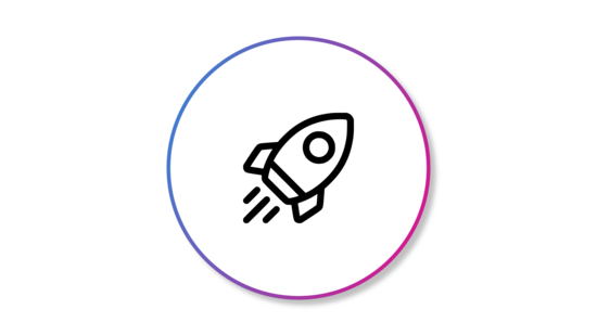 Banner featuring a rocket ship icon enclosed in a black outlined circle
