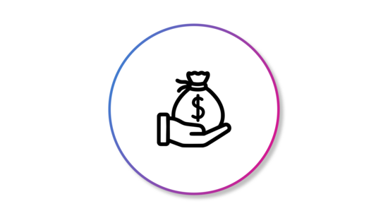 Banner featuring an icon of a hand holding up a money bag, enclosed in a black outlined circle