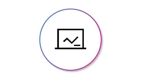 Banner featuring an icon of a chalkboard-performance, enclosed in a black outlined circle