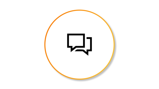 Banner featuring an icon of speech bubbles, enclosed in a black outlined circle