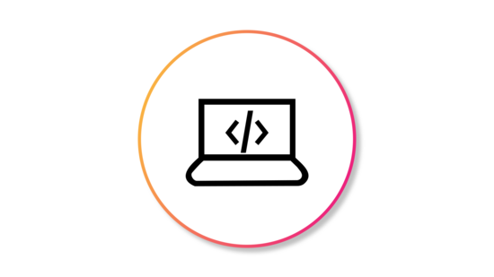 Banner featuring an icon of a laptop-code, enclosed in a black outlined circle