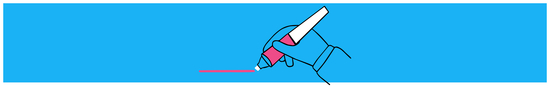 Drawing of a blue hand holding a pink colored marker.