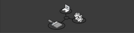 simple three dimensional illustration of a laptop, paintbrush, and gears connected in a circle