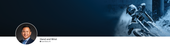 Professional headshot of Dr. Mencias (Hand and Wrist; South Bend, IN) and a photograph of a motocross rider to represent hand and wrist specialty.