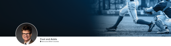 Professional headshot of Dr. Younger (Foot and Ankle; Vancouver, BC) and a photograph of a baseball player representing foot and ankle specialty.