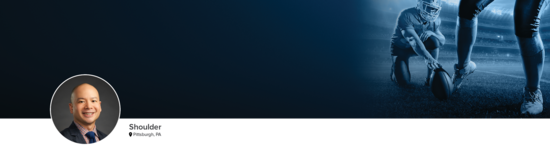 Professional headshot of Dr. Lin (Shoulder; Pittsburgh, PA) and a photograph of a football player to represent his medical specialty.