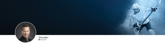 Professional headshot of Dr. Hunt (Shoulder; Edina, MN) and a photograph of a hockey player to represent shoulder specialty.