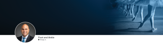 Professional headshot of Dr. Vora (Foot and Ankle; Chicago, IL) and a photograph of ballerinas to represent foot and ankle specialty.