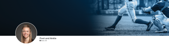 Professional headshot of Dr. Robinson (Foot and Ankle; Avon, CO) and a photograph of a baseball player representing foot and ankle specialty.