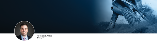 Professional headshot of Dr. Rosenbaum (Foot and Ankle; Albany, NY) and a photograph of a motocross rider to represent foot and ankle specialty.