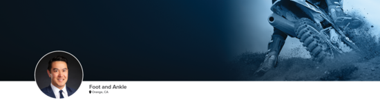 Professional headshot of Dr. Hsu (Foot and Ankle; Orange, CA) and a photograph of a motocross rider to represent foot and ankle specialty.