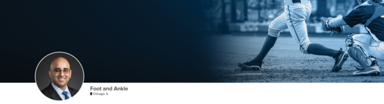 Professional headshot of Dr. Kadakia (Foot and Ankle; Chicago, IL) and a photograph of a baseball player representing foot and ankle specialty.