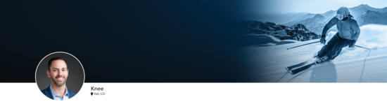 Professional headshot of Dr. Vidal (Knee; Vail, CO) and a photograph of a downhill skier representing knee the specialty.