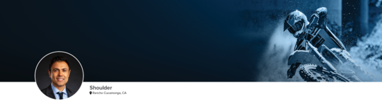 Professional headshot of Dr. Husain (Shoulder; Rancho Cucamonga, CA) and a photograph of a motocross rider to represent shoulder specialty.