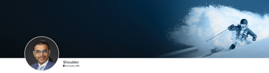 Professional headshot of Dr. Elhassan (Shoulder; Rochester, MN) and a photograph of a downhill skier representing the shoulder specialty.