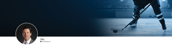 Professional headshot of Dr. Domb (Hip; Des Plaines, IL) and a photograph of a hockey player to represent hip specialty.