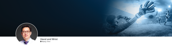 Professional headshot of Dr. Liu (Hand and Wrist; Beijing, China) and a photograph of a soccer goalie to represent the hand and wrist specialty.