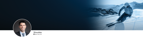 Professional headshot of Dr. Erickson (Shoulder; New York, NY) and a photograph of a downhill skier representing the shoulder specialty.