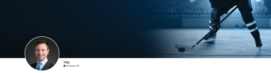 Professional headshot of Dr. Giordano (Hip; Rochester, NY) and a photograph of a hockey player to represent hip specialty.