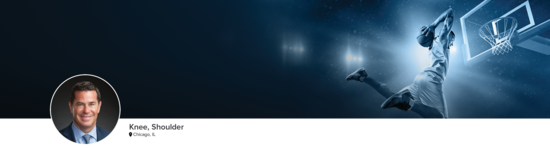 Silhouette of a professional headshot for Dr. Cole (Knee, Shoulder; Chicago, IL) and a photograph of a basketball player to represent his medical specialties.