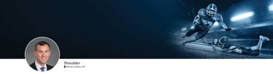 Professional headshot of Dr. Waterman (Shoulder; Winston-Salem, NC) and a photograph of a football player to represent shoulder specialty.