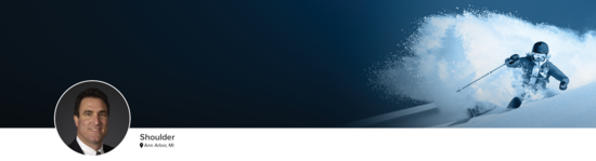 Professional headshot of Dr. Miller (Shoulder; Ann Arbor, MI) and a photograph of a downhill skier representing shoulder specialty.