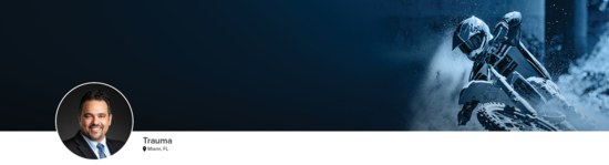 Professional headshot of Dr. Jordan (Trauma; Miami, FL) and a photograph of a motocross rider to represent trauma.