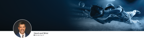 Professional headshot of Dr. Martin (Hand and Wrist; Salt Lake City, UT) and a photograph of a baseball player representing hand and wrist specialty.