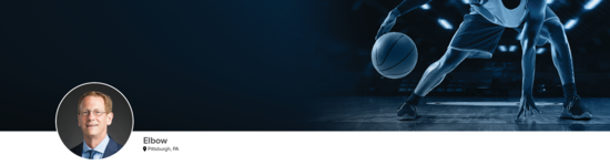 Professional headshot of Dr. Schmidt (Elbow; Pittsburgh, PA) and a photograph of a basketball player to represent elbow specialty.