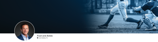 Professional headshot of Dr. Hodgkins (Foot and Ankle; Coral Gables, FL) and a photograph of a baseball player representing foot and ankle specialty.