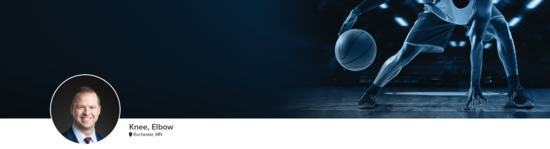 Professional headshot of Dr. Camp (Knee, Elbow; Rochester, MN) and a photograph of a basketball player to represent his medical specialties.