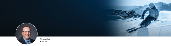 Professional headshot of Dr. Guttmann (Shoulder; Taos, NM) and a photograph of a downhill skier representing shoulder specialty.