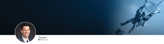 Professional headshot of Dr. Patton (Trauma; Redlands, CA) and a photograph of a military parachutist to represent trauma.