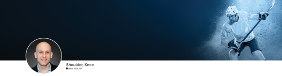 Professional headshot of Dr. Friedman (Shoulder, Knee; New York, NY) and a photograph of a hockey player to represent his medical specialties.