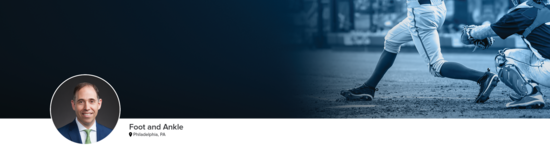 Professional headshot of Dr. Pedowitz (Foot and Ankle; Philadelphia, PA) and a photograph of a baseball player representing foot and ankle specialty.