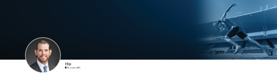 Professional headshot of Dr. King (Hip; St. Louis, MO) and a photograph of a track sprinter representing hip specialty.