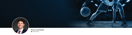 Professional headshot of Dr. Macias (Foot and Ankle; Columbus, MS) and a photograph of a basketball player to represent foot and ankle specialty.