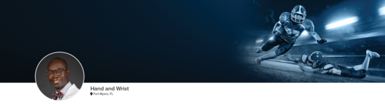 Professional headshot of Dr. Sagini (Hand and Wrist; Fort Myers, FL) and a photograph of a football player to represent hand and wrist specialty.