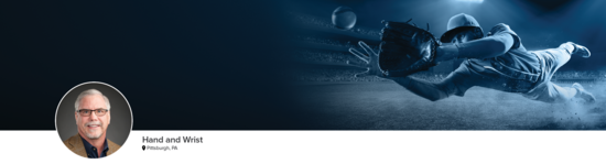 Professional headshot of Dr. Birdsong (Hand and Wrist; Pittsburgh, PA) and a photograph of a baseball player representing hand and wrist specialty.