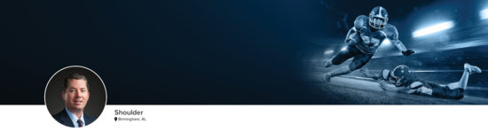 Professional headshot of Dr. Cain (Shoulder; Birmingham, AL) and a photograph of a football player to represent shoulder specialty.