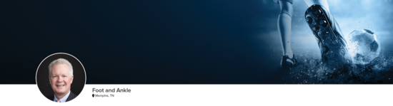 Professional headshot of Dr. Murphy (Foot and Ankle; Memphis, TN) and a close-up photograph of a soccer player kicking a soccer ball to represent the foot and ankle specialty.