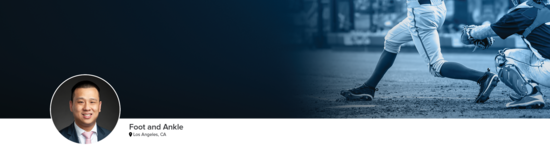 Professional headshot of Dr. Tan (Foot and Ankle; Los Angeles, CA) and a photograph of a baseball player representing foot and ankle specialty.