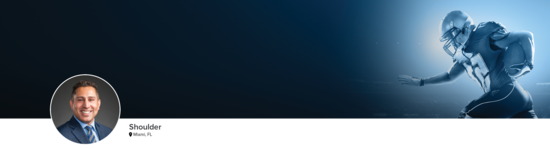 Professional headshot of Dr. Yagnik (Shoulder; Miami, FL) and a photograph of a football player to represent shoulder specialty.