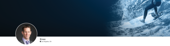 Professional headshot of Dr. Hatch (Knee; Los Angeles, CA) and a photograph of a surfer to represent knee specialty.