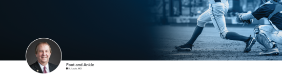 Professional headshot of Dr. Visser (Foot and Ankle; St. Louis, MO) and a photograph of a baseball player representing foot and ankle specialty.